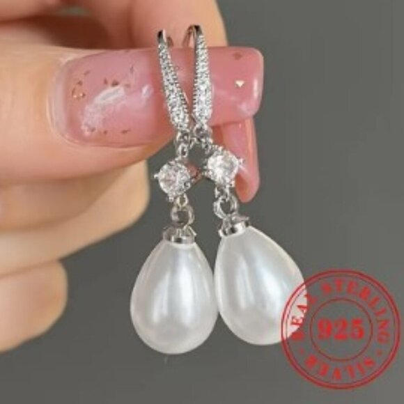 S925 Sterling Silver Dangle Earrings Faux Pearls and Zircon Vintage Style Glam - Picture 1 of 5